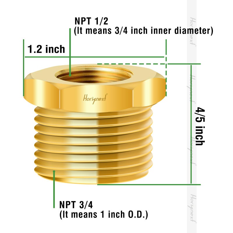Horiznext محول خيط أنثوي NPT 1/2 إلى خيط ذكري NPT 3/4 من هورزينكست، مخفض نحاسي، تركيب أنبوب ماء لخرطوم PVC للحديقة، خط هواء غاز وقود (2 قطعة) - Image 2